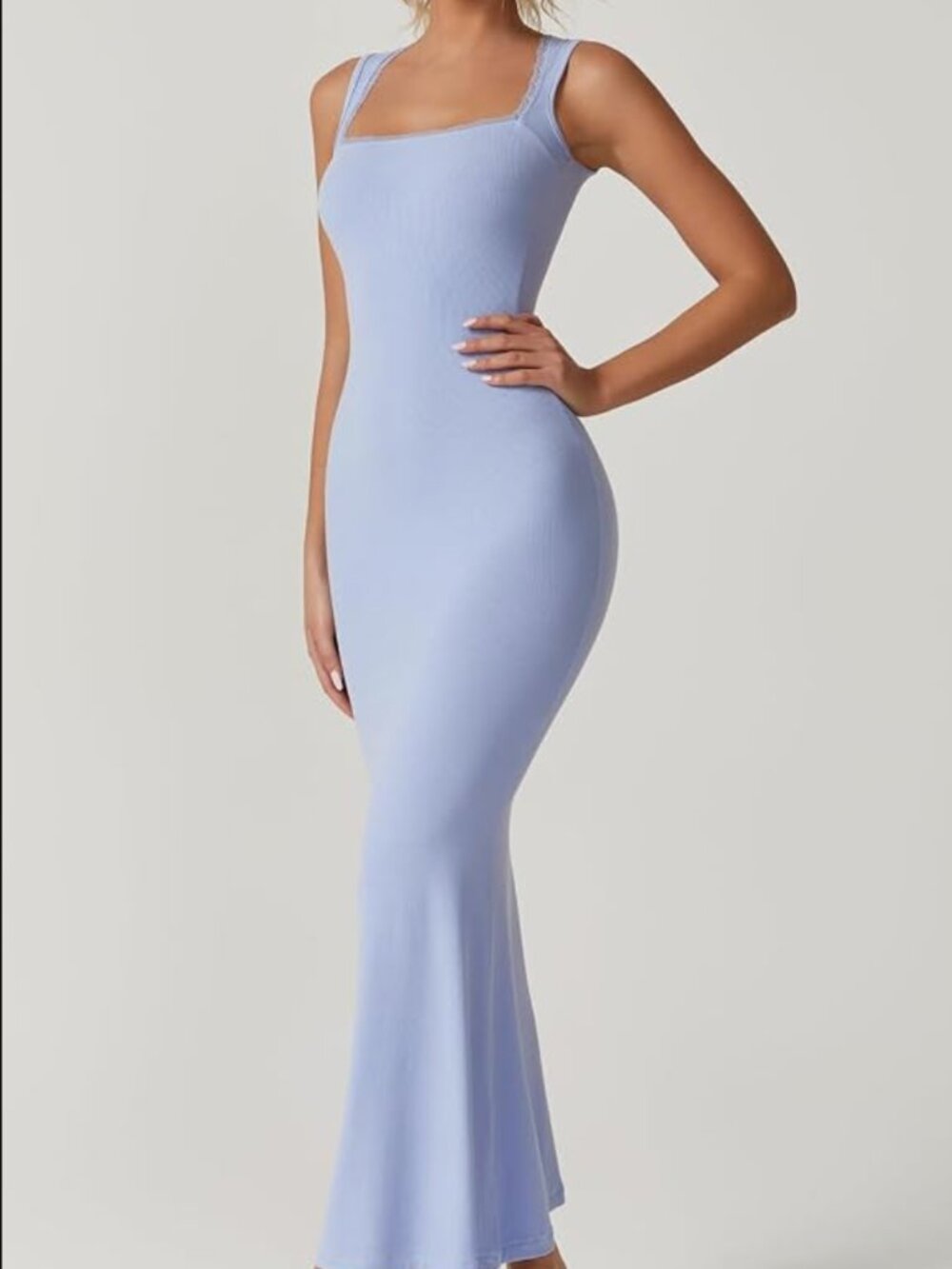 Qinsen Periwinkle Blue Ribbed Lace Trim Maxi Dress S